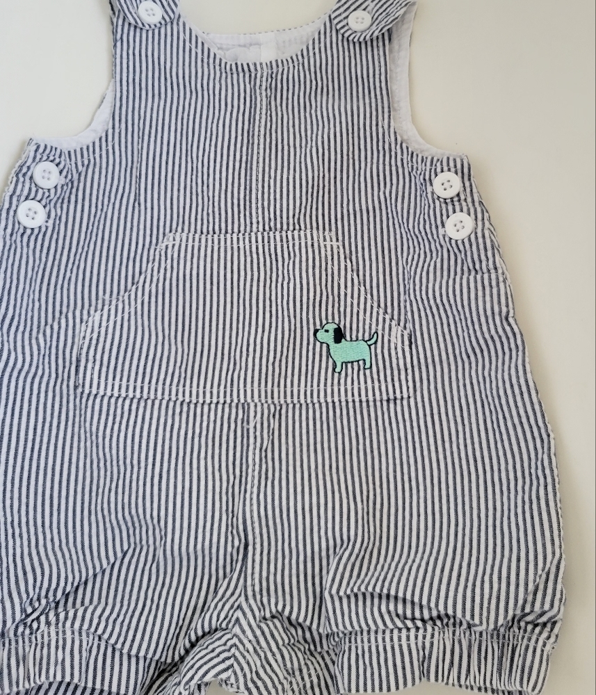 Pin Striped Lined Infant Boys Blue White Romper Kangaroo Pocket Snap Bottom